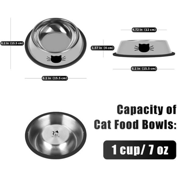2 Pcs Non-Slip Stainless Steel Small Cat Food Bowls - Unbreakable, 7 Oz, - Picture 2 of 6